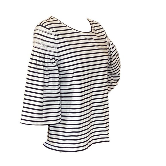 Chico's Breton Stripe Knit Top Sz 2 (L/12) Smock Shoulder Bell-Flare Sleeve 296H - Picture 4 of 12